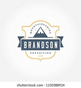 Mountains logo emblem vector illustration. Outdoor adventure expedition, mountains silhouette shirt, print stamp. Vintage typography badge design.