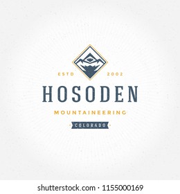 Mountains logo emblem vector illustration. Outdoor adventure expedition, mountains silhouette shirt, print stamp. Vintage typography badge design.