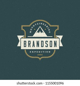 Mountains logo emblem vector illustration. Outdoor adventure expedition, mountains silhouette shirt, print stamp. Vintage typography badge design.