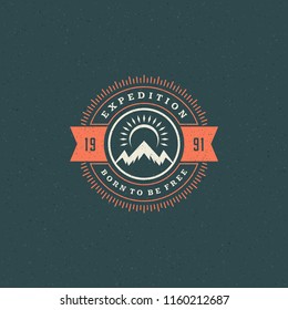 Mountains logo emblem vector illustration. Outdoor adventure expedition, mountains silhouette shirt, print stamp. Vintage typography badge design.