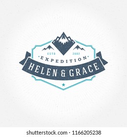 Mountains logo emblem vector illustration. Outdoor adventure expedition, mountains silhouette shirt, print stamp. Vintage typography badge design.