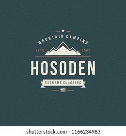 Mountains logo emblem vector illustration. Outdoor adventure expedition, mountains silhouette shirt, print stamp. Vintage typography badge design.
