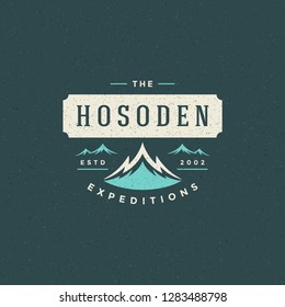 Mountains logo emblem vector illustration. Outdoor adventure expedition, mountains silhouette shirt, print stamp. Vintage typography badge design.