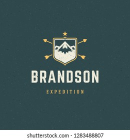 Mountains logo emblem vector illustration. Outdoor adventure expedition, mountains silhouette shirt, print stamp. Vintage typography badge design.