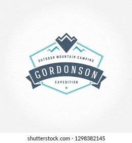 Mountains logo emblem vector illustration. Outdoor adventure expedition, mountains silhouette shirt, print stamp. Vintage typography badge design.
