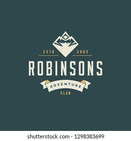 Mountains logo emblem vector illustration. Outdoor adventure expedition, mountains silhouette shirt, print stamp. Vintage typography badge design.