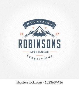 Mountains logo emblem vector illustration. Outdoor adventure expedition, mountains silhouette shirt, print stamp. Vintage typography badge design.