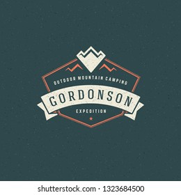 Mountains logo emblem vector illustration. Outdoor adventure expedition, mountains silhouette shirt, print stamp. Vintage typography badge design.