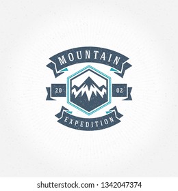 Mountains logo emblem vector illustration. Outdoor adventure expedition, mountains silhouette shirt, print stamp. Vintage typography badge design.