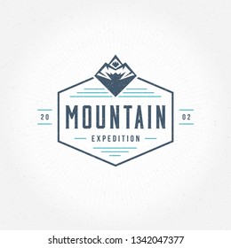Mountains logo emblem vector illustration. Outdoor adventure expedition, mountains silhouette shirt, print stamp. Vintage typography badge design.