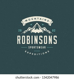 Mountains logo emblem vector illustration. Outdoor adventure expedition, mountains silhouette shirt, print stamp. Vintage typography badge design.
