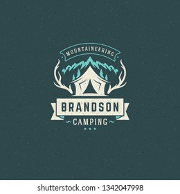 Mountains logo emblem vector illustration. Outdoor adventure expedition, mountains silhouette shirt, print stamp. Vintage typography badge design.