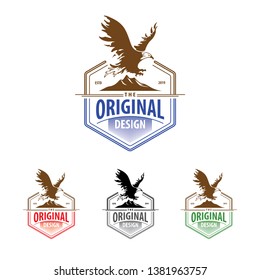 Mountains logo emblem vector illustration. Mountains and flying eagle silhouettes shirt, Outdoor adventure expedition, print stamp. Vintage typography badge design. - Vector