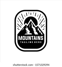 Mountains logo emblem vector illustration. Outdoor adventure expedition, mountains silhouette shirt, print stamp. Vintage typography badge design.