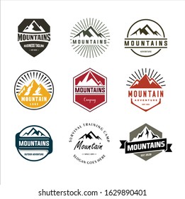 Mountains logo emblem vector illustration. Outdoor adventure expedition, mountains silhouette shirt, print stamp. Vintage typography badge design.