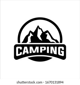 Ilustración vectorial del logotipo de las montañas. Expedición de aventura al aire libre, pantalones de silueta de montaña, sello de impresión. Tipografía de época