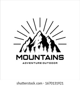 Mountains logo emblem vector illustration. Outdoor adventure expedition, mountains silhouette shirt, print stamp. Vintage typography