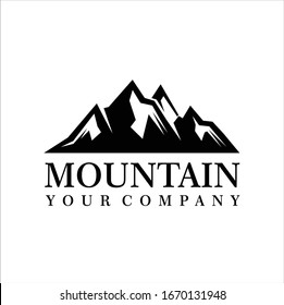 Mountains logo emblem vector illustration. Outdoor adventure expedition, mountains silhouette shirt, print stamp. Vintage typography