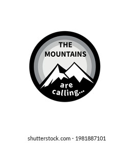 Mountains logo emblem vector illustration. Outdoor adventure expedition, mountains silhouette with snow peaks and sun, round print stamp design for  logo, icon, sticker, emblem template