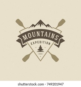 Mountains logo emblem vector illustration. Outdoor adventure expedition, mountains silhouette shirt, print stamp. Vintage typography badge design.