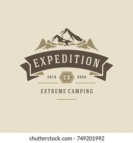 Mountains logo emblem vector illustration. Outdoor adventure expedition, mountains silhouette shirt, print stamp. Vintage typography badge design.