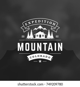 Mountains logo emblem vector illustration. Outdoor adventure camping, mountains and tent silhouettes shirt, print stamp. Vintage typography badge design.