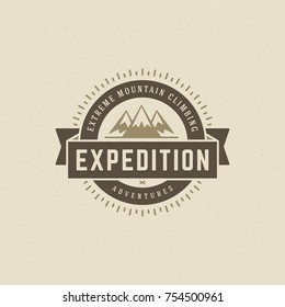 Mountains logo emblem vector illustration. Outdoor adventure expedition, mountains silhouette shirt, print stamp. Vintage typography badge design.
