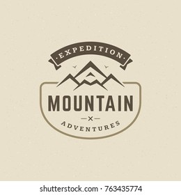 Mountains logo emblem vector illustration. Outdoor adventure expedition, mountains silhouette shirt, print stamp. Vintage typography badge design.