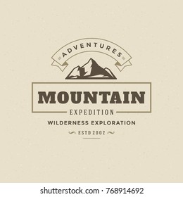 Mountains logo emblem vector illustration. Outdoor adventure expedition, mountains silhouette shirt, print stamp. Vintage typography badge design.