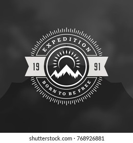 Mountains logo emblem vector illustration. Outdoor adventure expedition, mountains silhouette shirt, print stamp. Vintage typography badge design.