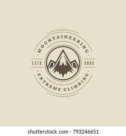 Mountains logo emblem vector illustration. Outdoor adventure expedition, mountains silhouette shirt, print stamp. Vintage typography badge design.