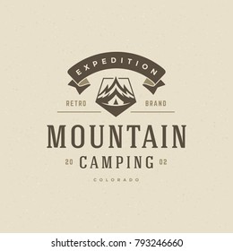 Mountains logo emblem vector illustration. Outdoor adventure expedition, mountains silhouette shirt, print stamp. Vintage typography badge design.