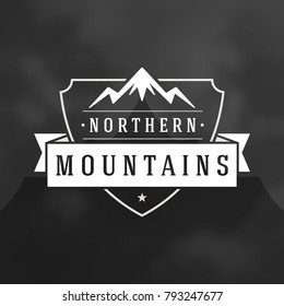 Mountains logo emblem vector illustration. Outdoor adventure expedition, mountains silhouette shirt, print stamp. Vintage typography badge design.