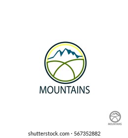 Mountains logo, Icon in color. Climbing label, hiking travel and adventure. Vector Illustration, Graphic Design For Web, App, Print, Presentation, Mobile Applications, Promotional Materials. 