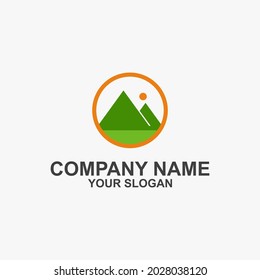 Mountains logo icon, green hill landscape logo, sunrise and sunset, flat vector template