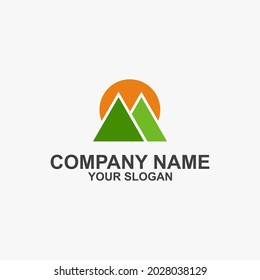 Icono del logotipo de las montañas, logotipo del paisaje de las montañas, puesta de sol y puesta de sol, plantilla de vector plana