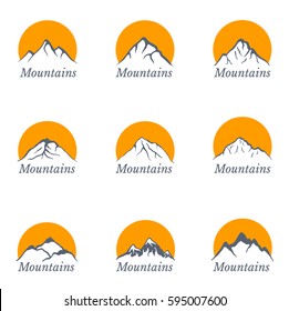Logo de las montañas puesto con sol , ilustración vectorial