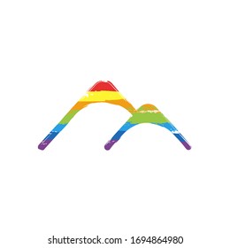 Mountains logo, simple icon. Drawing sign with LGBT style, seven colors of rainbow (red, orange, yellow, green, blue, indigo, violet