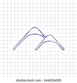 Mountains logo, simple icon. Hand drawn picture on paper sheet. Blue ink, outline sketch style. Doodle on checkered background
