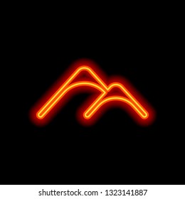 Mountains logo, simple icon. Orange neon style on black background. Light icon
