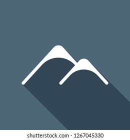 Mountains logo, simple icon. White flat icon with long shadow on blue background