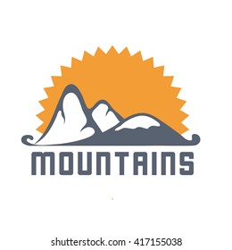 Mountains logo with sun's rays , vector icon illustration
