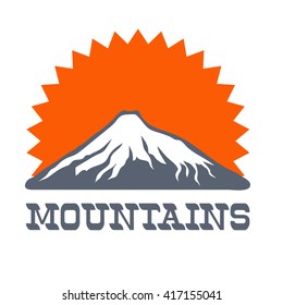Mountains logo with sun's rays , vector icon illustration