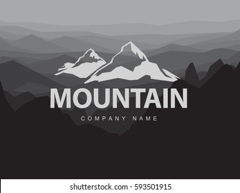 Mountains logo template with abstract peaks background. Logotype on mountain monochrome abstract background. Mountaineering and Traveling illustration.  