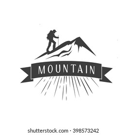 Mountains logo template. Vintage emblem with mountains. logotype/badge with ribbon. Vector illustration isolated on white background