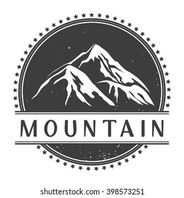 Mountains logo template. Vintage emblem with mountains. logotype/badge with ribbon. Vector illustration isolated on white background