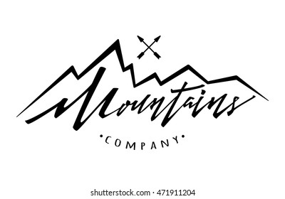 mountains logo. Vector logotype template. Hand drawn lettering