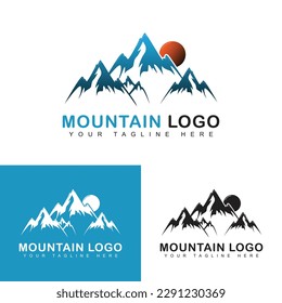 Mountains logo vector template. Mountains silhouette outline symbol. Hiking logotypes.
