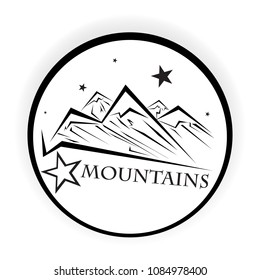 Mountains logotype, concept .Outdoor travel symbol , ink minimalistic illustration , black and white .