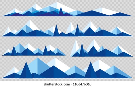 Mountains low poly style set. Polygonal mountain ridges.